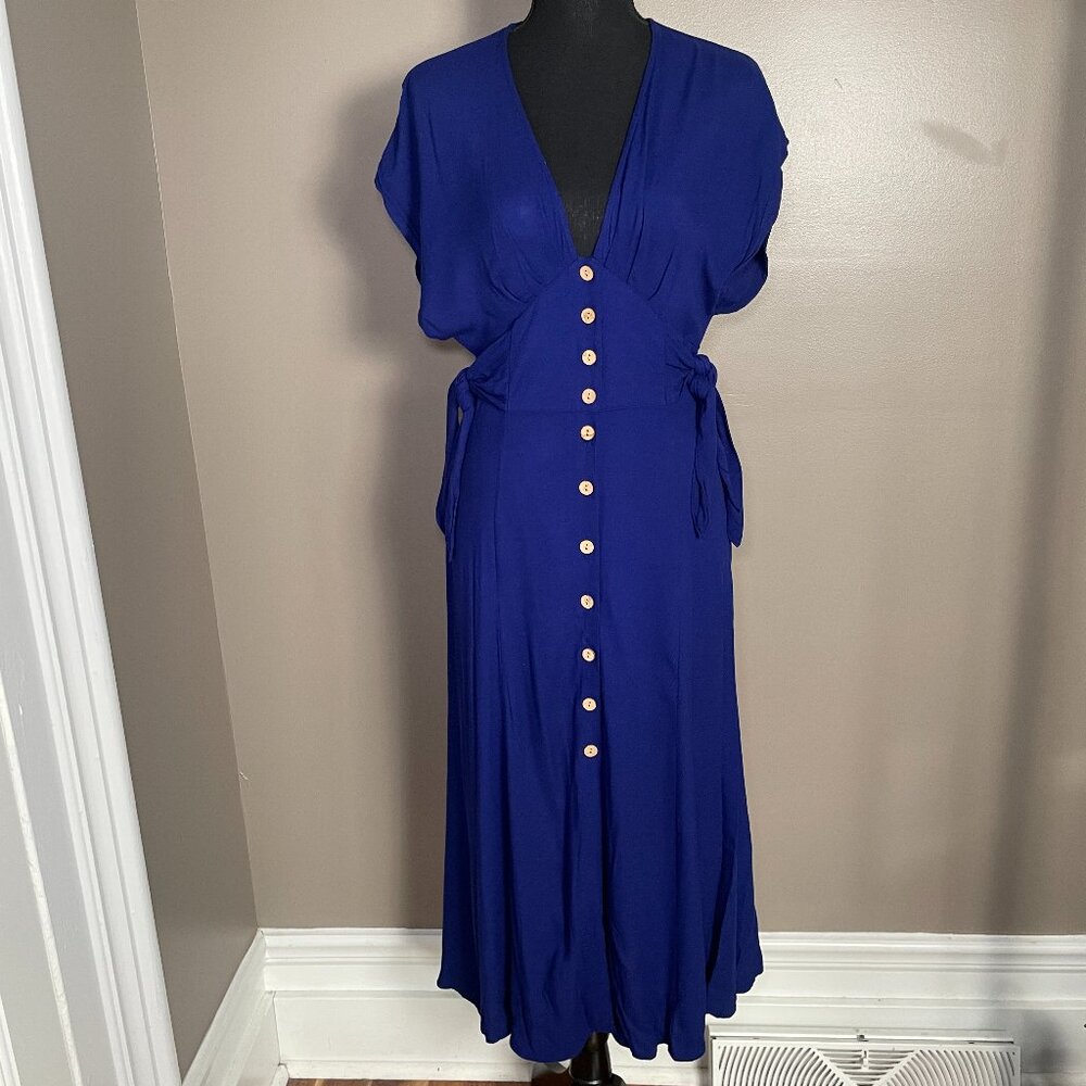 FOREVER 21 Cobalt Blue Button Front Tie Waist Maxi Dress S